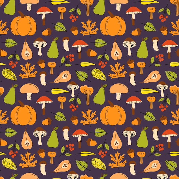Patrón sin costuras para la temporada de otoño Conjunto acogedor de otoño con hojas de calabaza y hongos Ilustración vectorial