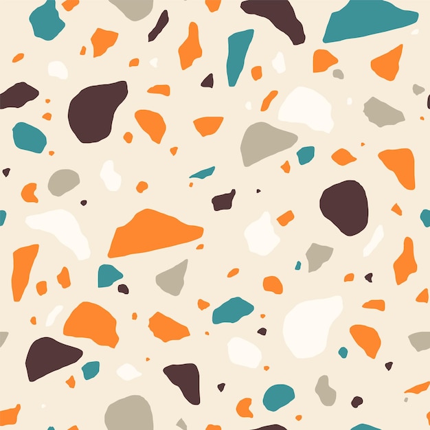 Patrón sin costuras de terrazo con fracciones de piedra o roca abigarradas. Elegante telón de fondo con migas minerales esparcidas sobre un fondo claro. Ilustración de vector decorativo para impresión textil, suelo de baldosas.
