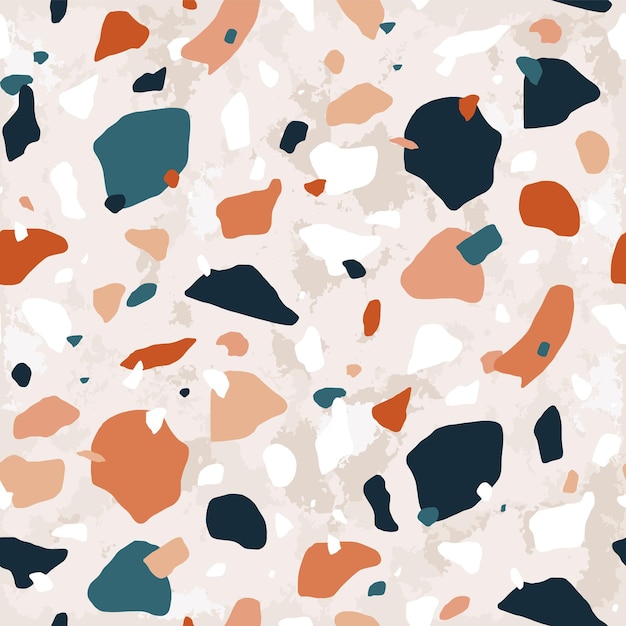 Patrón sin costuras de terrazo con migas de roca motley o chips. Telón de fondo italiano tradicional con fragmentos de piedra esparcidos sobre fondo claro. Ilustración de vector natural para impresión textil, papel tapiz.