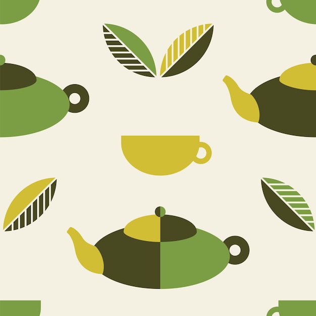 Patrón sin costuras con tetera y hojas de té en estilo suizo plano geométrico
