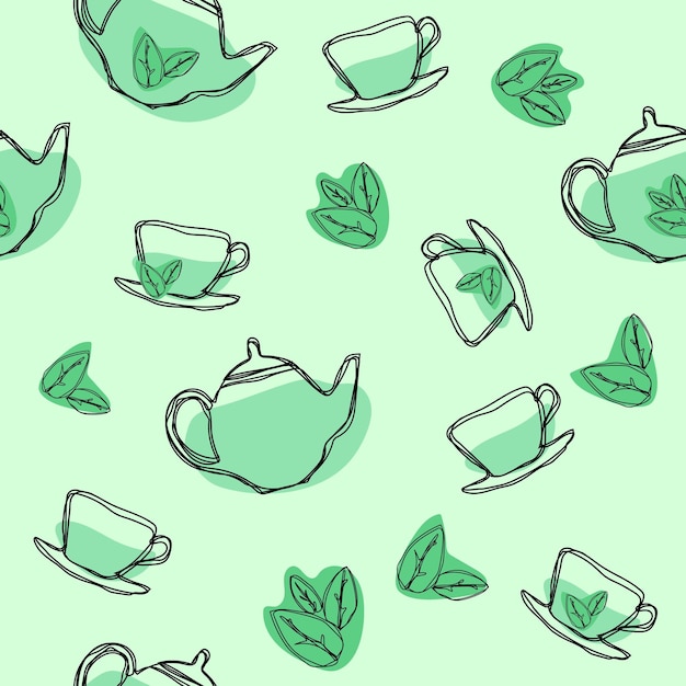 Patrón sin costuras con teteras y tazas de hojas de té verde Textura vintage de dibujo a mano