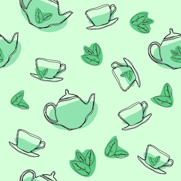 Vector patrón sin costuras con teteras y tazas de hojas de té verde textura vintage de dibujo a mano