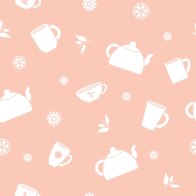 Patrón sin costuras con teteras, tazas y tazas sobre un fondo beige Ilustración vectorial de la fiesta del té