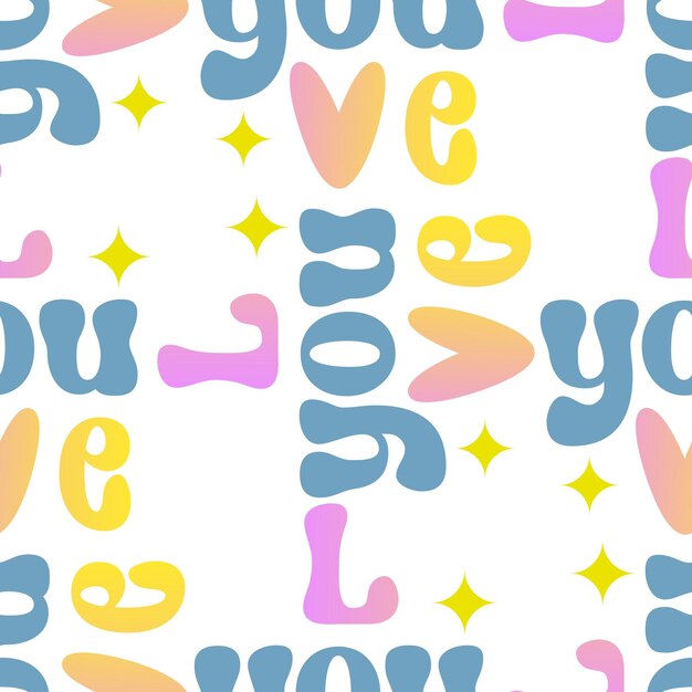 Patrón sin costuras con texto de amor colorido en estilo Groovy sobre fondo blanco