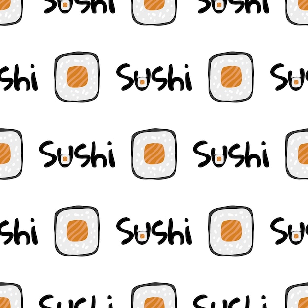 Patrón sin costuras con texto de sushi e ilustración de maki de rollo sobre fondo blanco
