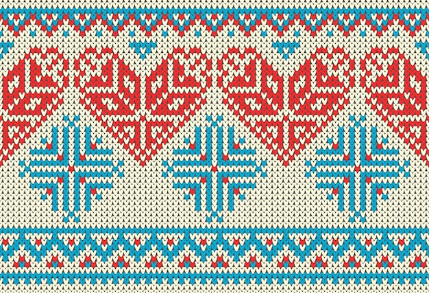 Patrón sin costuras con textura de punto de lana sobre el tema del Día de San Valentín con una imagen de los patrones y corazones noruegos.