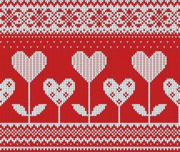 Patrón sin costuras con textura de punto de lana sobre el tema del Día de San Valentín con una imagen de los patrones y corazones noruegos.