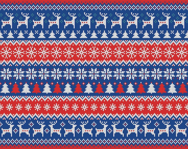 Patrón sin costuras con textura de punto de lana sobre el tema de las vacaciones de invierno con una imagen de los patrones noruegos y copos de nieve.