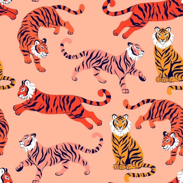 Patrón sin costuras con tigres salvajes en colores naranja y amarillo