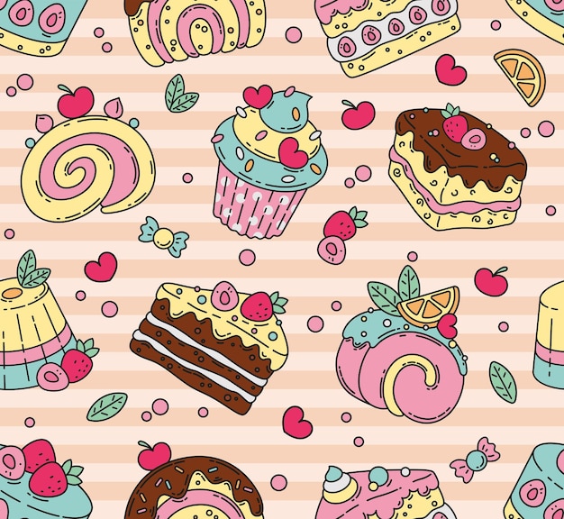 Patrón sin costuras con las tortas y pasteles divertidos Pastel muffin cupcake panna cotta galletas postre crema chocolate dulce comida deliciosa panadería pastelería Ilustración vectorial