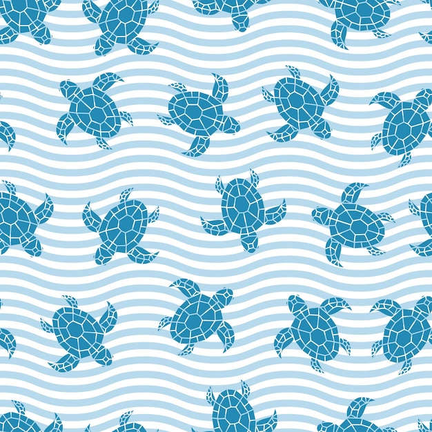 Patrón sin costuras de tortuga azul repetida Ilustración vectorial sobre fondo de onda