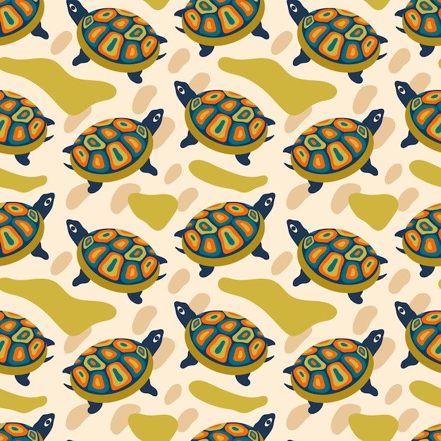 Patrón sin costuras con tortugas y formas abstractas en una paleta de colores brillantes
