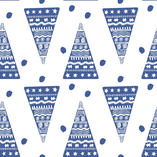 Patrón sin costuras de triángulo azul con patrones y puntos Imprimir para imprimir en tela y papel de regalo Fondo de árboles de Navidad abstractos