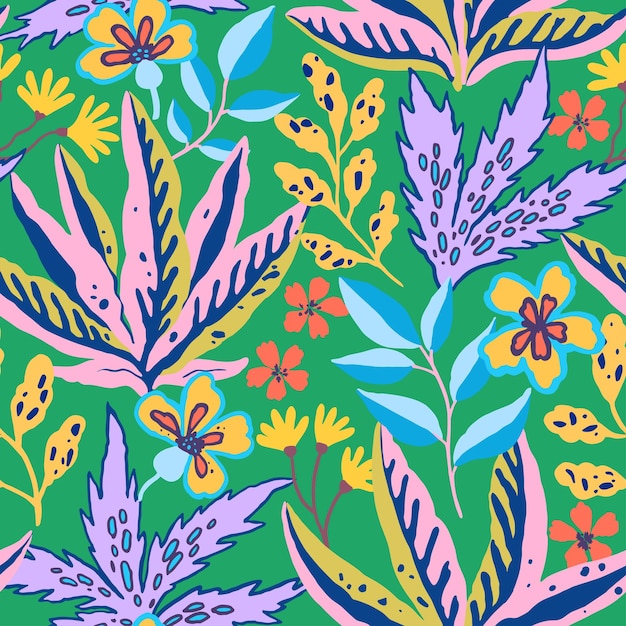 Patrón sin costuras tropical colorido Motivo psicodélico abstracto con elementos vegetales y florales
