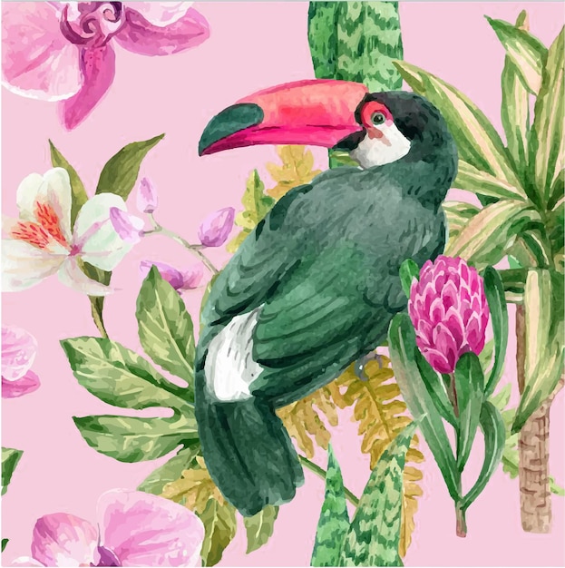 Vector patrón sin costuras con tucanes y flores tropicales ilustración en acuarela