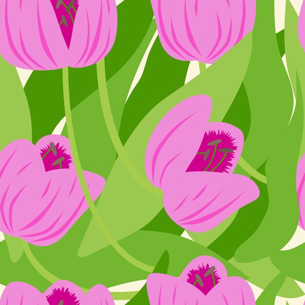 Patrón sin costuras con tulipanes y hojas brillantes. Dibujo vectorial.