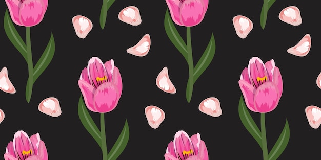 Patrón sin costuras con tulipanes rosas y pétalos sobre fondo negro Impresión botánica de manantial natural