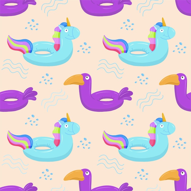 Patrón sin costuras con unicornio inflable azul y tucano púrpura Un flotador para la piscina inflable