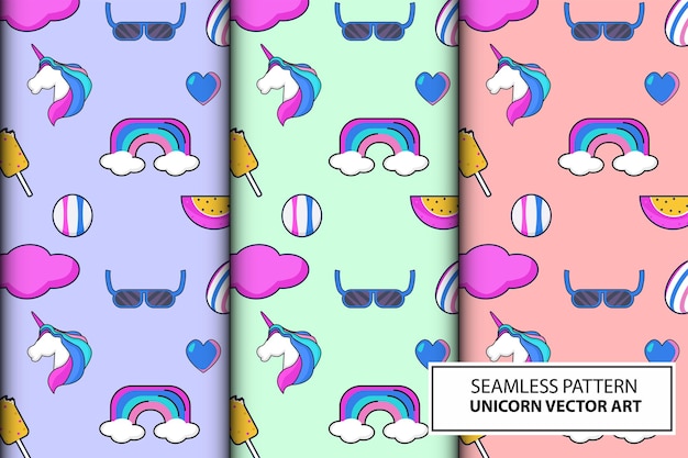 Patrón sin costuras con unicornios arco iris rosquillas confeti y otros elementos fondo vectorial