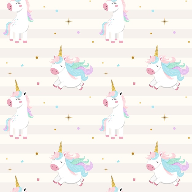 Patrón sin costuras con unicornios cuerno de oro fondos suaves en colores pastel papel tapiz unicornio