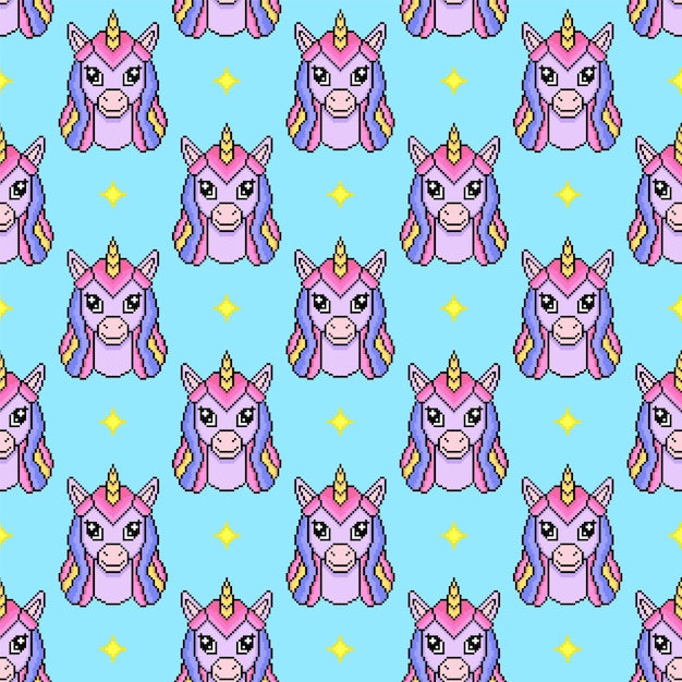 Patrón sin costuras con unicornios en estilo de arte de píxeles