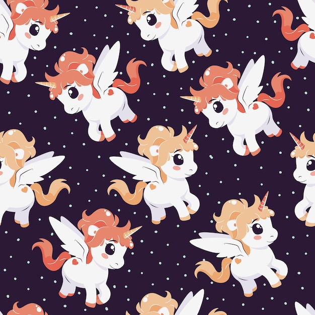 Patrón sin costuras con unicornios mágicos y estrellas azulejos vectoriales con personajes de dibujos animados para imprimir