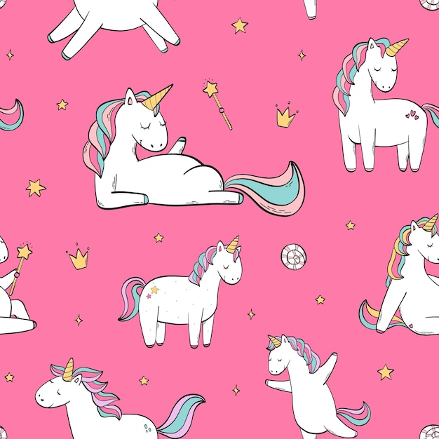 Patrón sin costuras de unicornios repita la impresión de la superficie con lindos unicornios sobre fondo rosa para niños