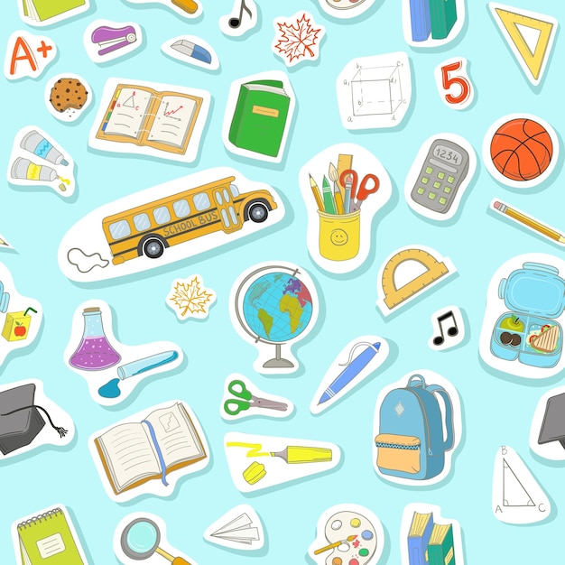 Patrón sin costuras con útiles escolares y objetos dibujados a mano Regreso a la escuela