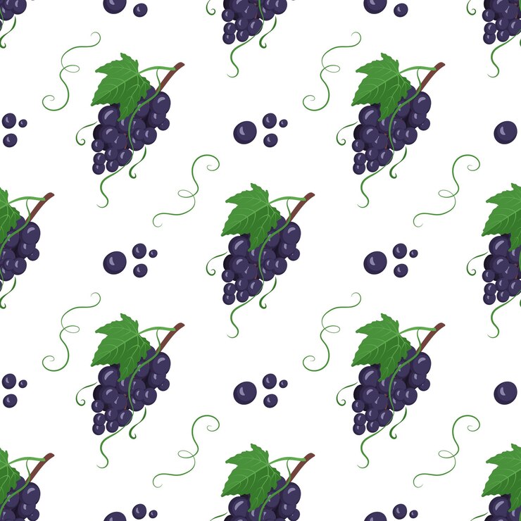Vector patrón sin costuras con uvas oscuras en ramas con bayas y hojas. impresión de comida dulce y saludable, fondo de postre delicioso y saludable. ilustración plana vectorial