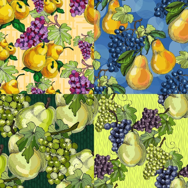 Patrón sin costuras con uvas y peras Estilo de boceto de color fondo dibujado a mano Ilustración detallada dibujada a mano Ideal para embalajes de invitaciones de telas y impresiones textiles