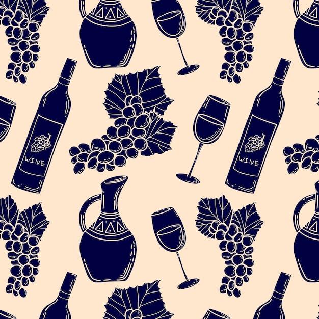 Vector patrón sin costuras de uvas de vino y jarra para el menú del sitio web de la tienda de vinos embalaje ilustración vectorial