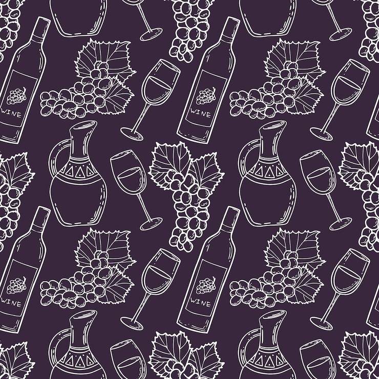 Patrón sin costuras de uvas de vino y jarra Para el menú del sitio web de la tienda de vinos Embalaje Ilustración vectorial