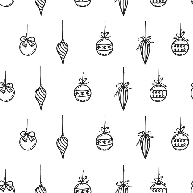 Patrón sin costuras de vacaciones de bolas de Navidad de contorno negro y decoraciones sobre fondo blanco Estilo de garabato dibujado a mano vectorial Feliz año nuevo