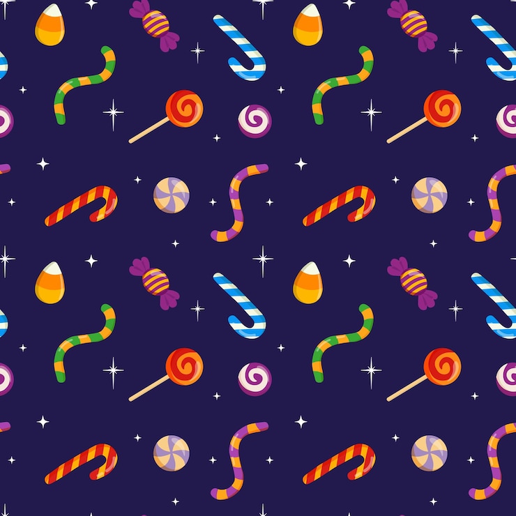 Vector patrón sin costuras de vacaciones de halloween caramelos vectoriales con elementos y adornos de halloween estilo de vector plano de dibujos animados textura de bebé para envoltura de tela textil papel tapiz ropa tarjetas de felicitación