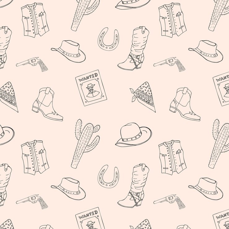 Vector patrón sin costuras de vaquero con artículos lineales diseño doodlestyle sobre el tema del salvaje oeste ornamento para telas textiles fondo papel tapiz