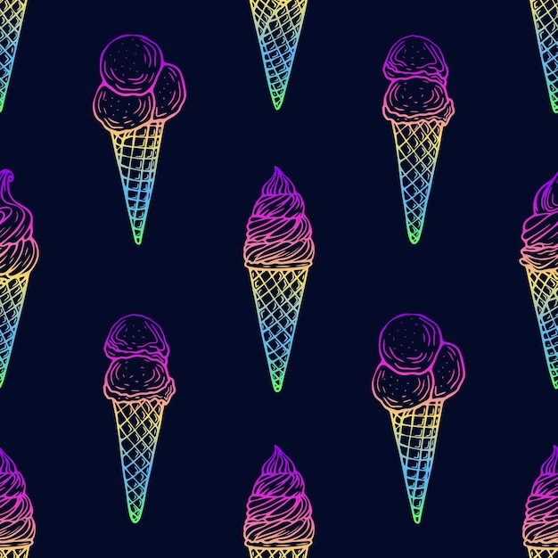 Patrón sin costuras de varias golosinas de helado, incluidos los conos y los helados