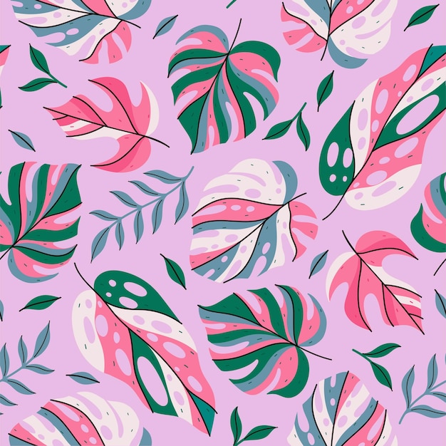 Patrón sin costuras con varias hojas tropicales en un fondo rosado Gráficos vectoriales