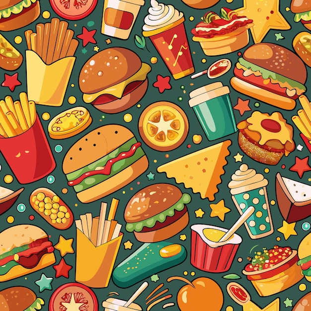 Patrón sin costuras con varios artículos alimenticios de dibujos animados