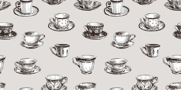 Patrón sin costuras de varios bocetos tazas de té de porcelana fondo vectorial para papel tapiz