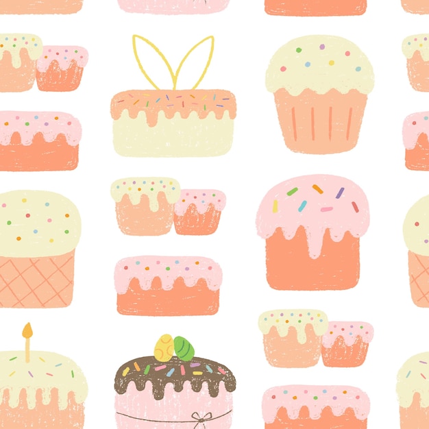Patrón sin costuras con varios pasteles de Pascua pintados con lápiz de colores