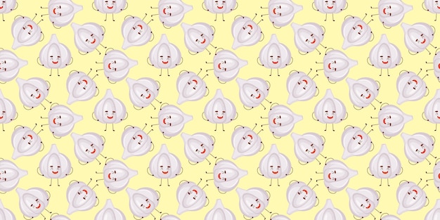 Patrón sin costuras del vector de ajo con lindo personaje de vegetales de dibujos animados aislados en blanco