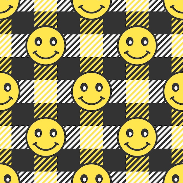 El patrón sin costuras del vector de emoji sonriente el fondo de gingham hippie feliz