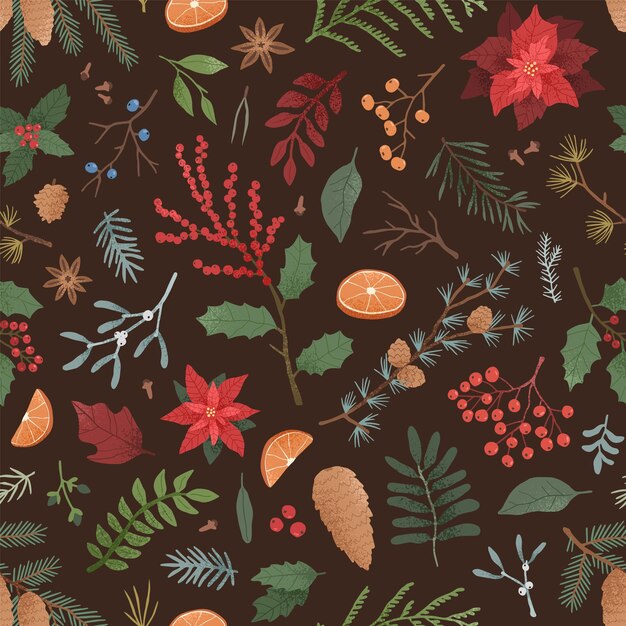 Patrón sin costuras de vector de flora de invierno. Flor de poinsettia dibujada a mano, ramitas de coníferas y rodajas de naranja sobre fondo oscuro. Símbolos navideños tradicionales. Tiempo de Navidad, diseño de papel tapiz de Año Nuevo.