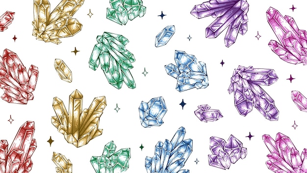 Patrón sin costuras de vector de fondo de ilustración de dibujado a mano de colección de cuarzo de cristal colorido