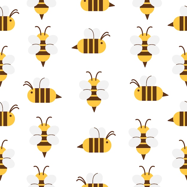 Patrón sin costuras vectorial con abejas voladoras de dibujos animados en fondo blanco