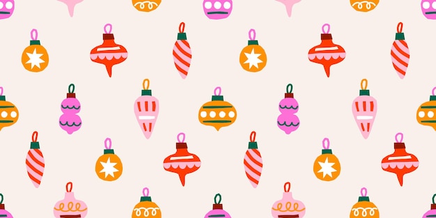 Patrón sin costuras vectorial con adornos navideños Diseño de papel de embalaje para las vacaciones de invierno