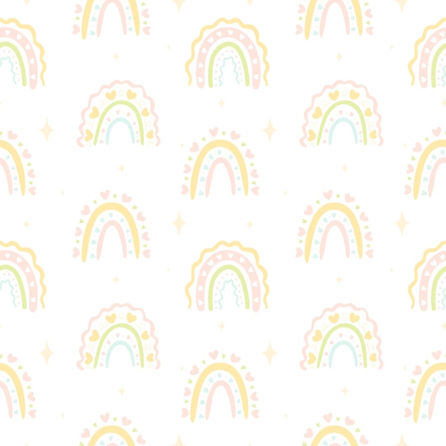 Patrón sin costuras vectorial de arco iris y corazones dibujados a mano en color pastel aislados sobre fondo blanco Patrones sin costuras para tela o papel tapiz infantil Arco iris pastel con corazones