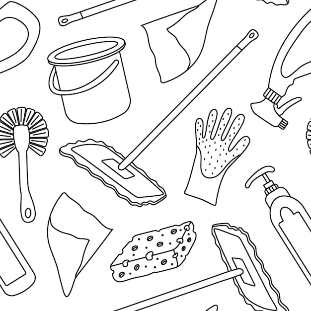 Patrón sin costuras vectorial con artículos para la limpieza de la casa en estilo doodle