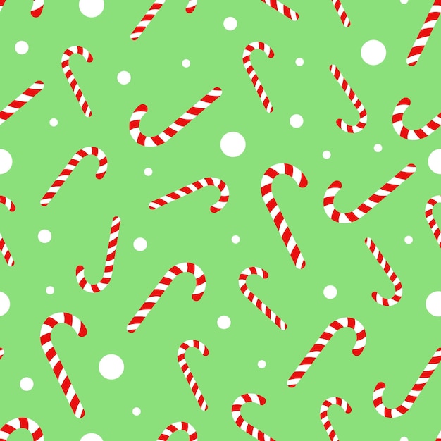 Patrón sin costuras vectorial con bastones de caramelo de Navidad y círculos blancos sobre un fondo verde