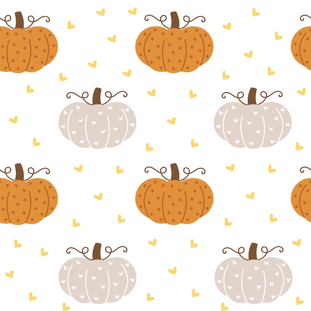 Patrón sin costuras vectorial con bonitas calabazas de otoño decoradas con estrellas y corazones